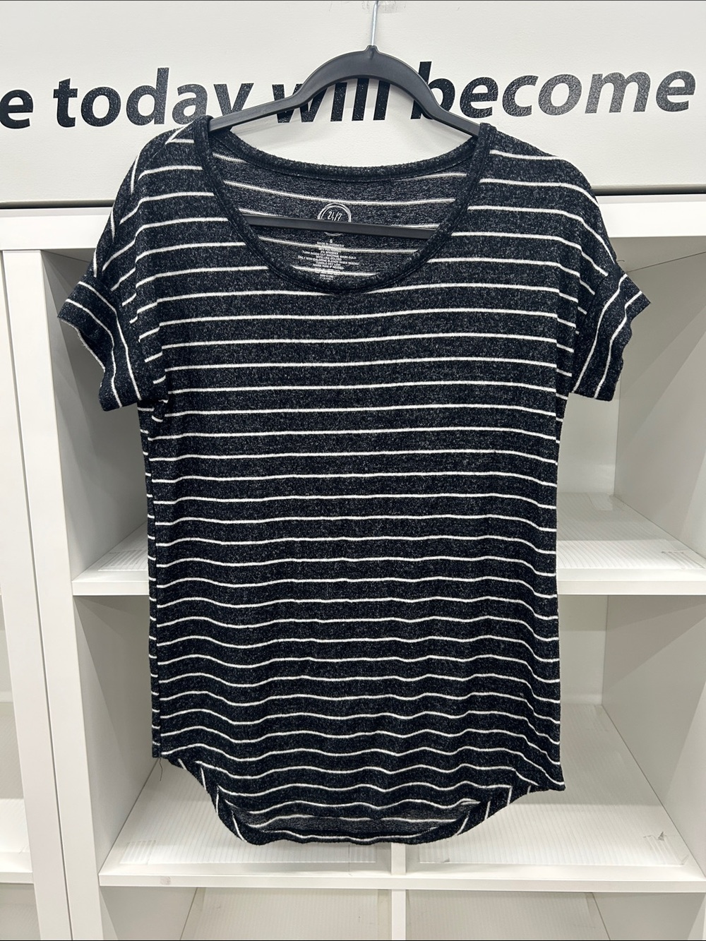 24/7 Comfort Apparel Black and White Striped Scoop Neck Short Sleeve Tee